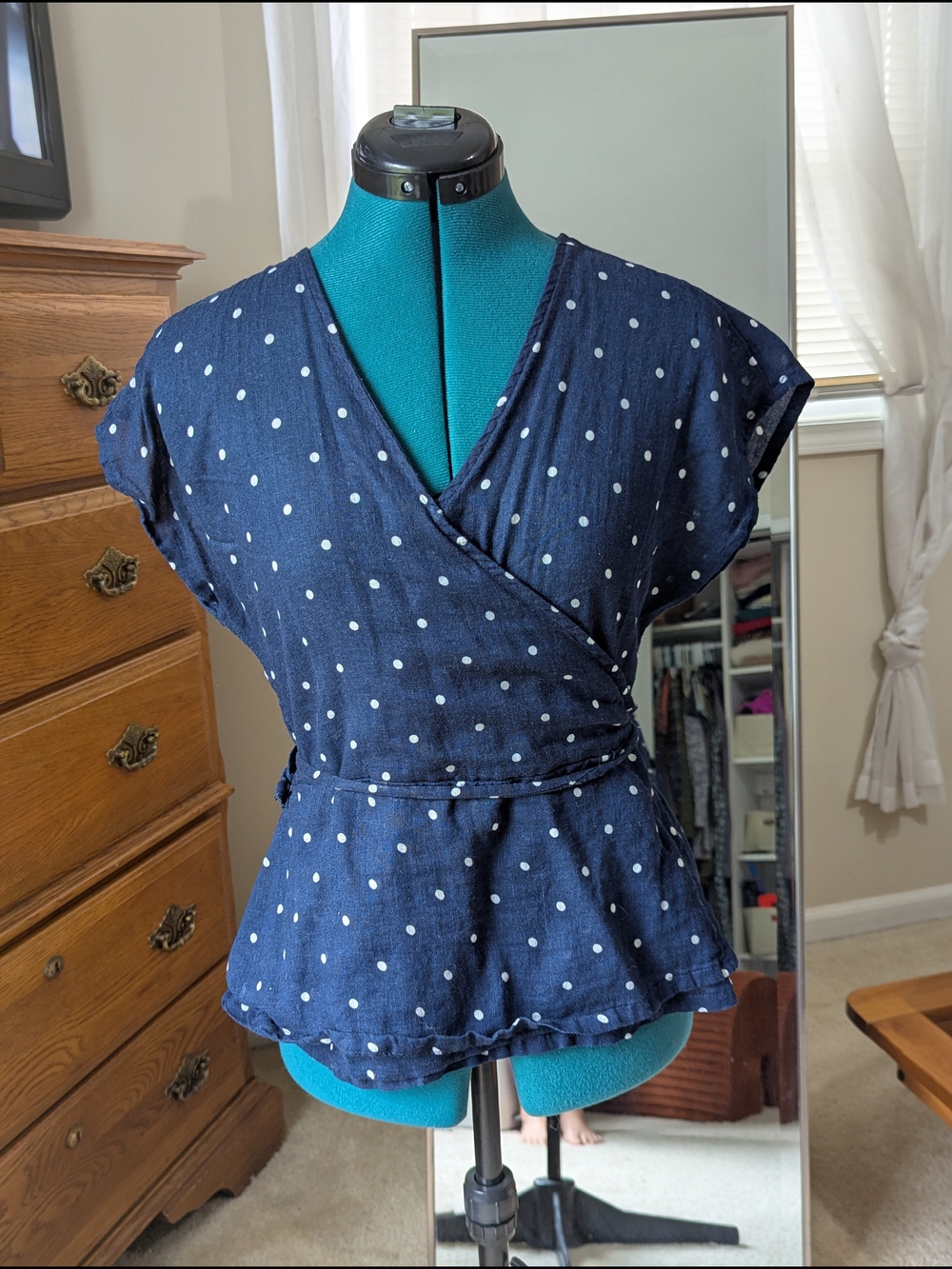 Old Navy Navy and White Polka Dot Wrap Blouse